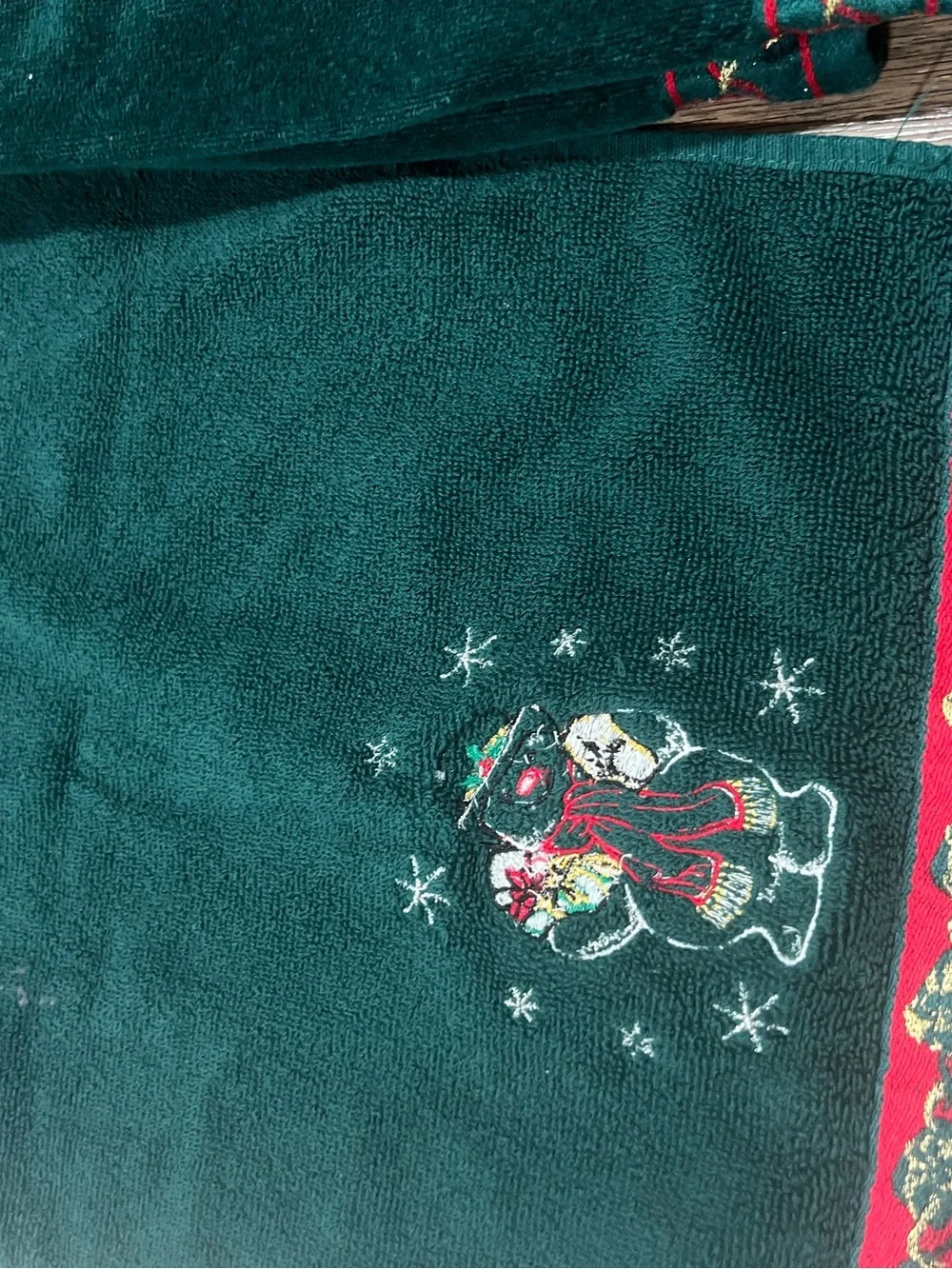 Vintage Jcpenny Dark Green Snowman Embroidered Holiday Bath Towel Set 1980s